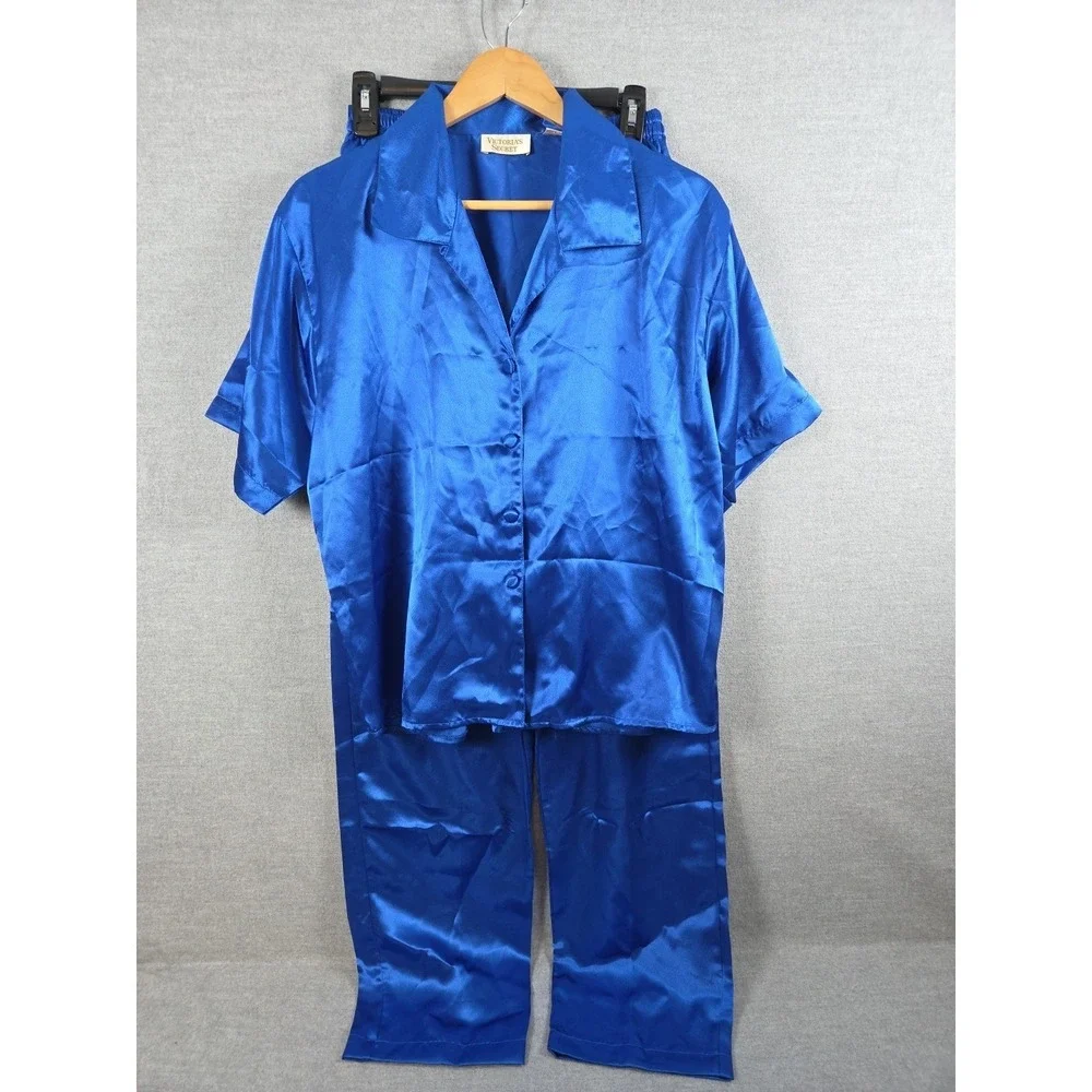 Victorias Secret Gold Label Satin Pajama Set M Vintage Lounge Royal Blue Retro